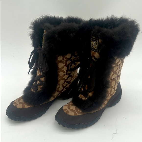 Coach Jennie Signature Fur Trim Lace Up Boots Monogram Khaki Q522 Womens 7.5 B - Picture 3 of 14
